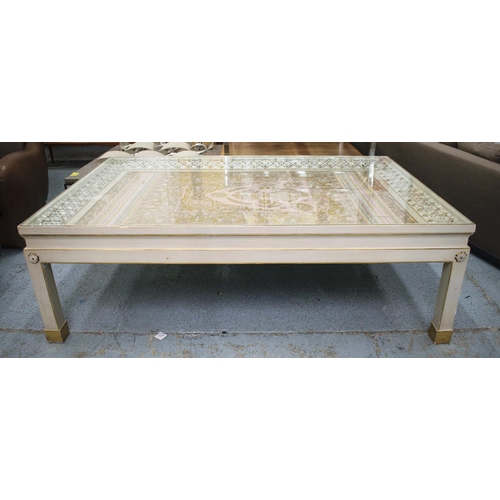 174 - LOW CENTRE TABLE, 61cm H x 188cm W x 121cm D, painted, gilt heightened, brass and mother of pearl wi... 