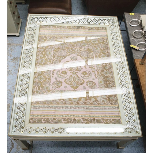 174 - LOW CENTRE TABLE, 61cm H x 188cm W x 121cm D, painted, gilt heightened, brass and mother of pearl wi... 