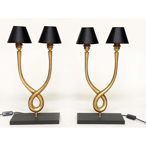 178 - TABLE LAMPS, a pair, Porta Romana organic loop lamps interlocking gilt metal supports and marble pla... 