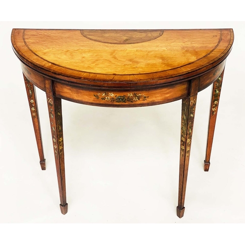 179 - CARD TABLE, George III foldover demi lune, satinwood and rosewood banded with floral painted frieze ... 