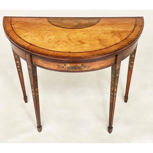 179 - CARD TABLE, George III foldover demi lune, satinwood and rosewood banded with floral painted frieze ... 