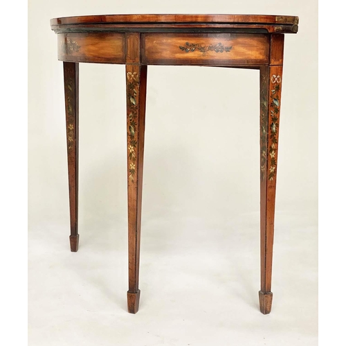 179 - CARD TABLE, George III foldover demi lune, satinwood and rosewood banded with floral painted frieze ... 