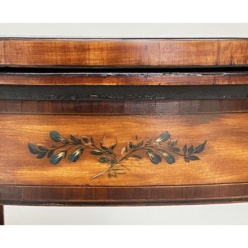 179 - CARD TABLE, George III foldover demi lune, satinwood and rosewood banded with floral painted frieze ... 