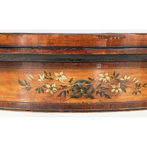 179 - CARD TABLE, George III foldover demi lune, satinwood and rosewood banded with floral painted frieze ... 