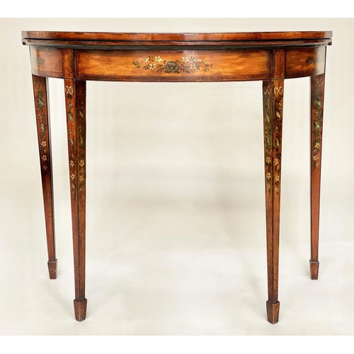 179 - CARD TABLE, George III foldover demi lune, satinwood and rosewood banded with floral painted frieze ... 