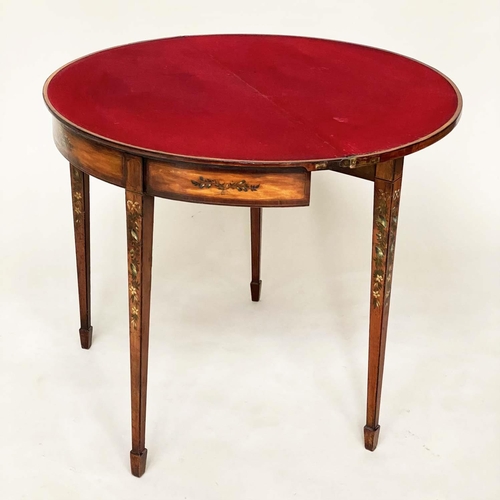 179 - CARD TABLE, George III foldover demi lune, satinwood and rosewood banded with floral painted frieze ... 