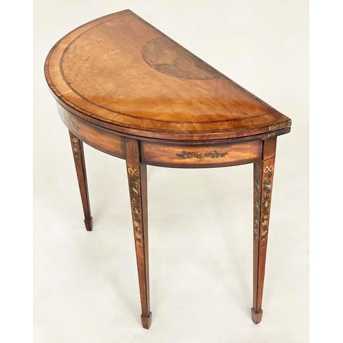 179 - CARD TABLE, George III foldover demi lune, satinwood and rosewood banded with floral painted frieze ... 