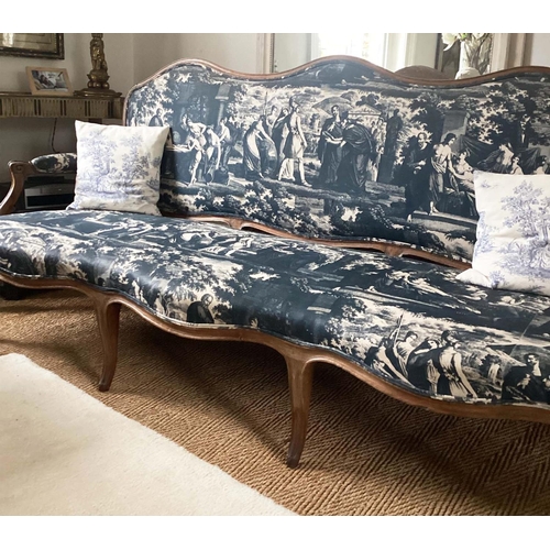 187 - CANAPE, 19th French Louis XV style walnut with 19th century Neo Classical Toile de Jouy linen fabric... 