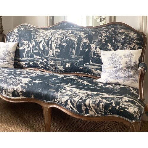 187 - CANAPE, 19th French Louis XV style walnut with 19th century Neo Classical Toile de Jouy linen fabric... 