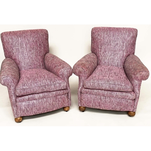 190 - ARMCHAIRS, a pair, Edwardian with scroll arms and back, feather filled cushions and bun supports, 86... 