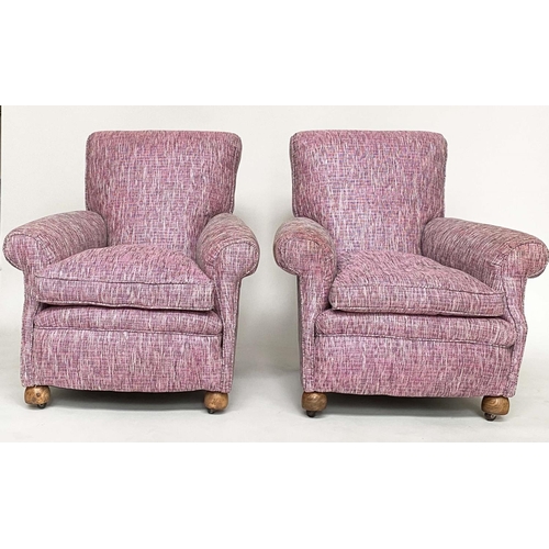 190 - ARMCHAIRS, a pair, Edwardian with scroll arms and back, feather filled cushions and bun supports, 86... 