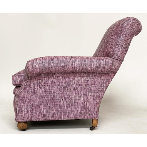 190 - ARMCHAIRS, a pair, Edwardian with scroll arms and back, feather filled cushions and bun supports, 86... 