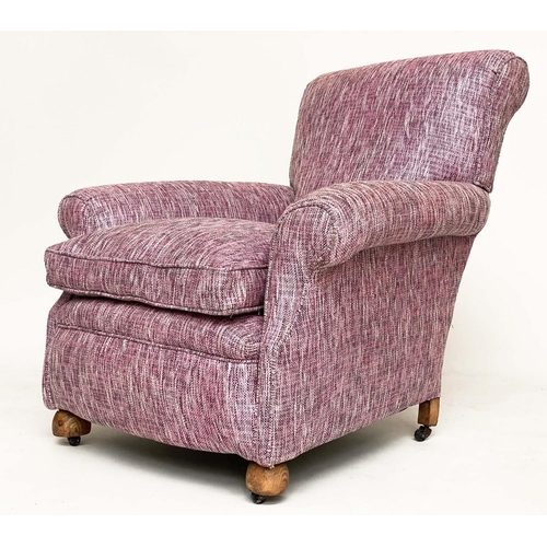 190 - ARMCHAIRS, a pair, Edwardian with scroll arms and back, feather filled cushions and bun supports, 86... 