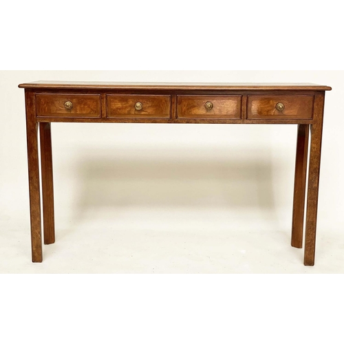 191 - HALL TABLE, George III design burr walnut and crossbanded with four short drawers, 125cm W x 32cm D ... 