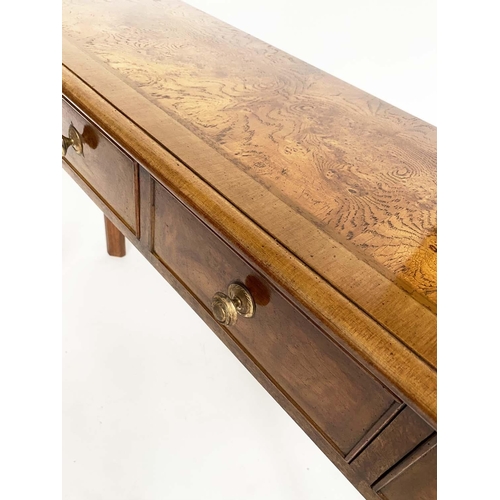 191 - HALL TABLE, George III design burr walnut and crossbanded with four short drawers, 125cm W x 32cm D ... 