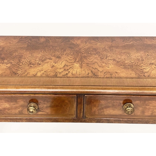 191 - HALL TABLE, George III design burr walnut and crossbanded with four short drawers, 125cm W x 32cm D ... 