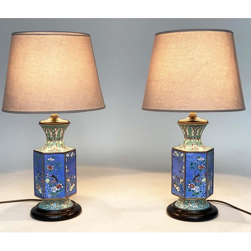 192 - TABLE LAMPS, a pair, early 20th century Canton enamel hexagonal facetted, 60cm H. (2)