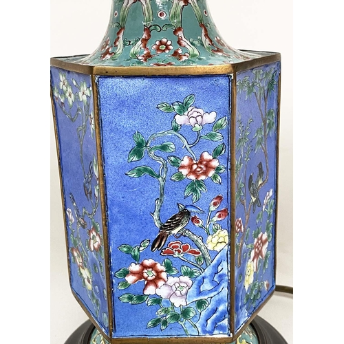 192 - TABLE LAMPS, a pair, early 20th century Canton enamel hexagonal facetted, 60cm H. (2)