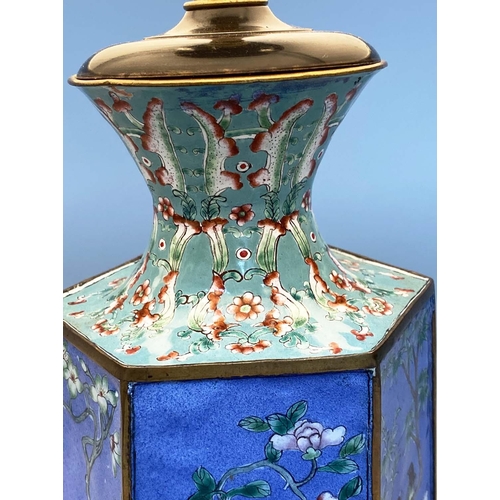 192 - TABLE LAMPS, a pair, early 20th century Canton enamel hexagonal facetted, 60cm H. (2)