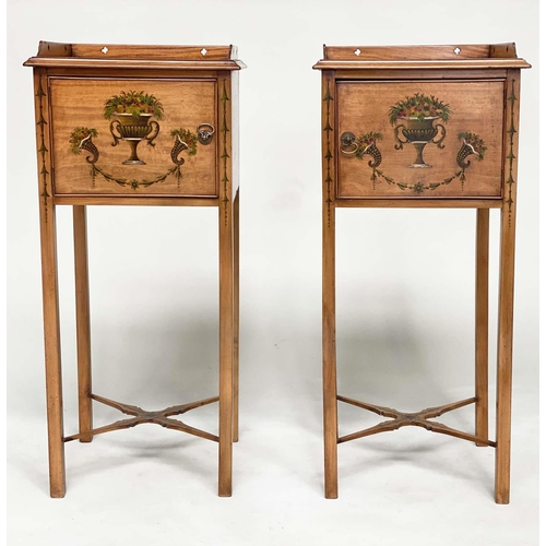 195 - LAMP TABLES, a pair, George III style satinwood and painted each with gallery and door, 83cm H x 38c... 