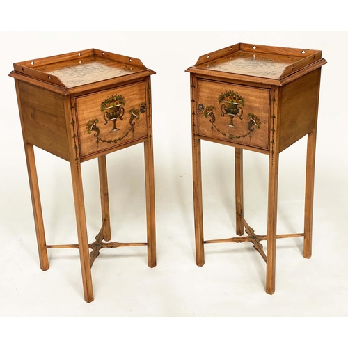 195 - LAMP TABLES, a pair, George III style satinwood and painted each with gallery and door, 83cm H x 38c... 