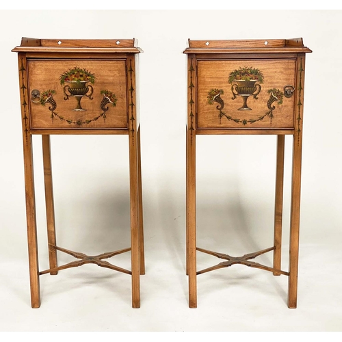 195 - LAMP TABLES, a pair, George III style satinwood and painted each with gallery and door, 83cm H x 38c... 