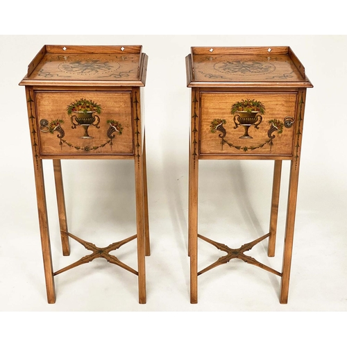 195 - LAMP TABLES, a pair, George III style satinwood and painted each with gallery and door, 83cm H x 38c... 