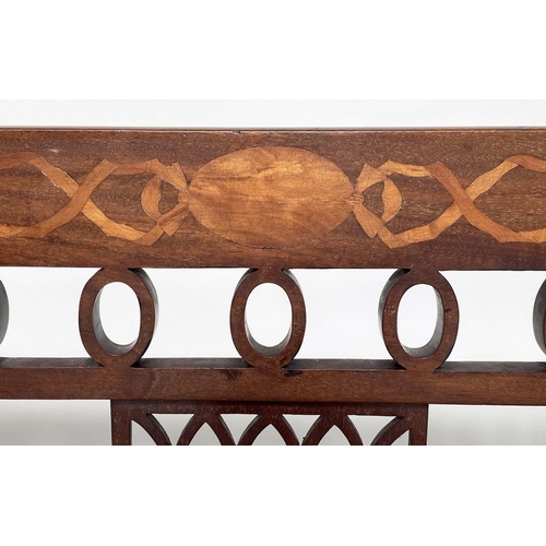 196 - HALL BENCH, early 20th century English Edwardian mahogany and marquetry with lancet tracery frame an... 