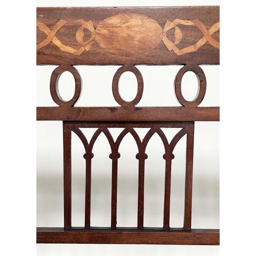 196 - HALL BENCH, early 20th century English Edwardian mahogany and marquetry with lancet tracery frame an... 