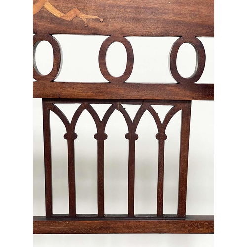 196 - HALL BENCH, early 20th century English Edwardian mahogany and marquetry with lancet tracery frame an... 