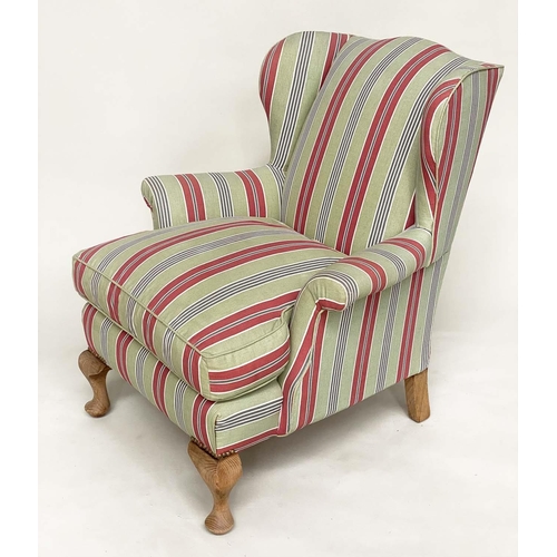 198 - WINGBACK ARMCHAIR, early 20th century with ticking style upholstery, 82cm W.