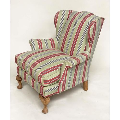 198 - WINGBACK ARMCHAIR, early 20th century with ticking style upholstery, 82cm W.