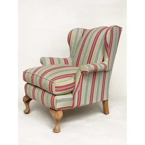 198 - WINGBACK ARMCHAIR, early 20th century with ticking style upholstery, 82cm W.