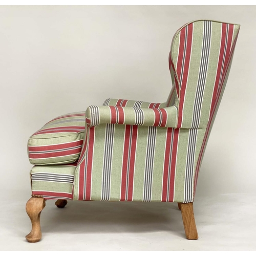 198 - WINGBACK ARMCHAIR, early 20th century with ticking style upholstery, 82cm W.