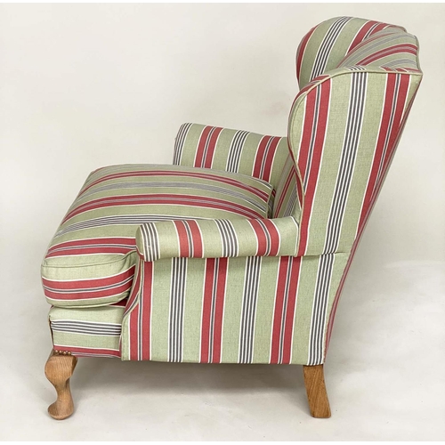 198 - WINGBACK ARMCHAIR, early 20th century with ticking style upholstery, 82cm W.