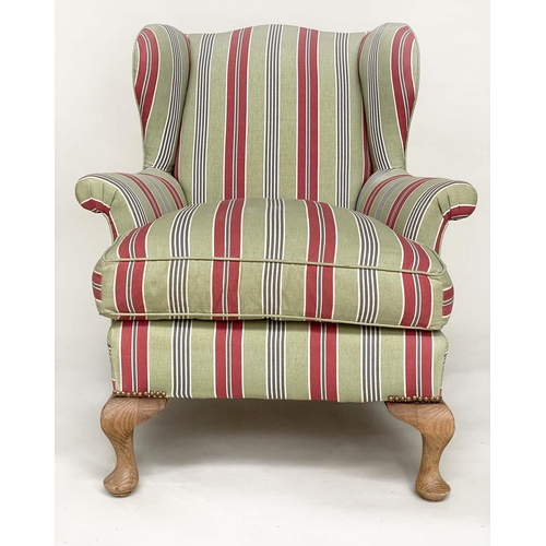 198 - WINGBACK ARMCHAIR, early 20th century with ticking style upholstery, 82cm W.