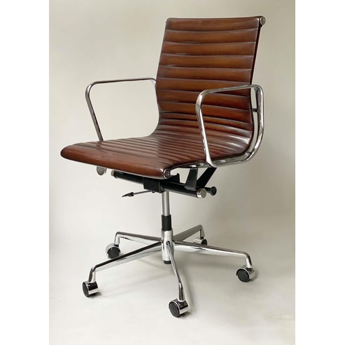 200 - REVOLVING DESK CHAIR, Charles and Ray Eames inspired with ribbed mid brown seat revolving and reclin... 