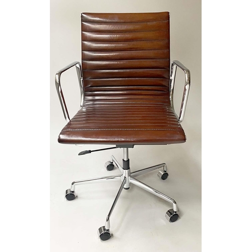 200 - REVOLVING DESK CHAIR, Charles and Ray Eames inspired with ribbed mid brown seat revolving and reclin... 