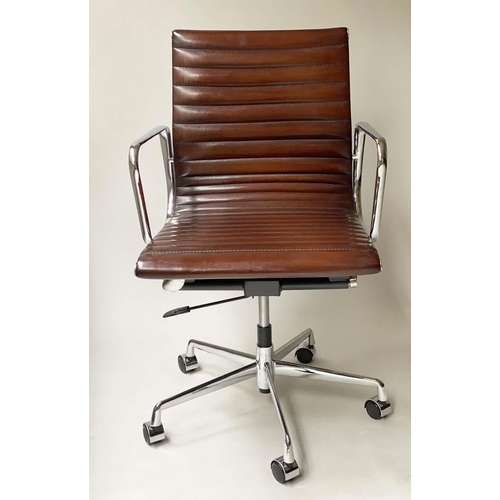 200 - REVOLVING DESK CHAIR, Charles and Ray Eames inspired with ribbed mid brown seat revolving and reclin... 