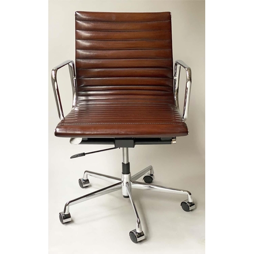 200 - REVOLVING DESK CHAIR, Charles and Ray Eames inspired with ribbed mid brown seat revolving and reclin... 