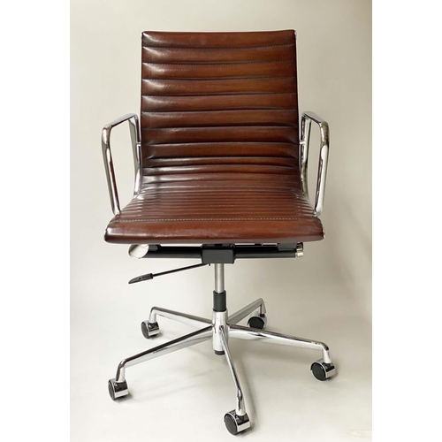 200 - REVOLVING DESK CHAIR, Charles and Ray Eames inspired with ribbed mid brown seat revolving and reclin... 