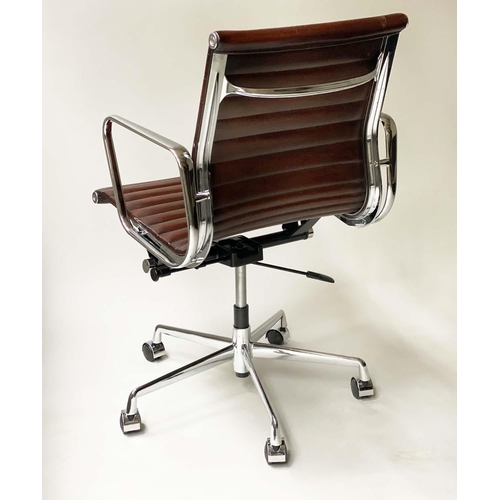 200 - REVOLVING DESK CHAIR, Charles and Ray Eames inspired with ribbed mid brown seat revolving and reclin... 