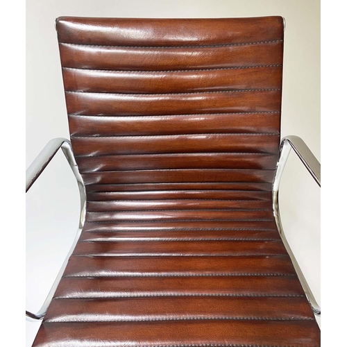 200 - REVOLVING DESK CHAIR, Charles and Ray Eames inspired with ribbed mid brown seat revolving and reclin... 