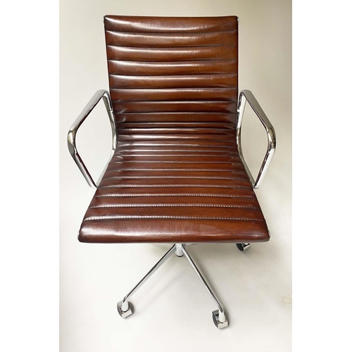 200 - REVOLVING DESK CHAIR, Charles and Ray Eames inspired with ribbed mid brown seat revolving and reclin... 