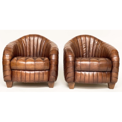 203 - ARMCHAIRS, a pair, Art Deco style with arched ribbed backs and button, quilted seat, 80cm W. (2)