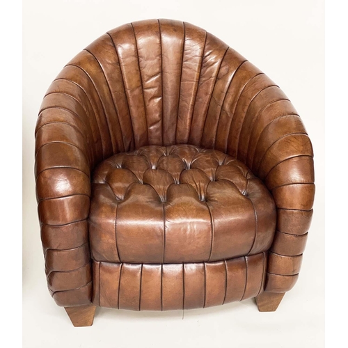 203 - ARMCHAIRS, a pair, Art Deco style with arched ribbed backs and button, quilted seat, 80cm W. (2)