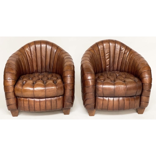 203 - ARMCHAIRS, a pair, Art Deco style with arched ribbed backs and button, quilted seat, 80cm W. (2)