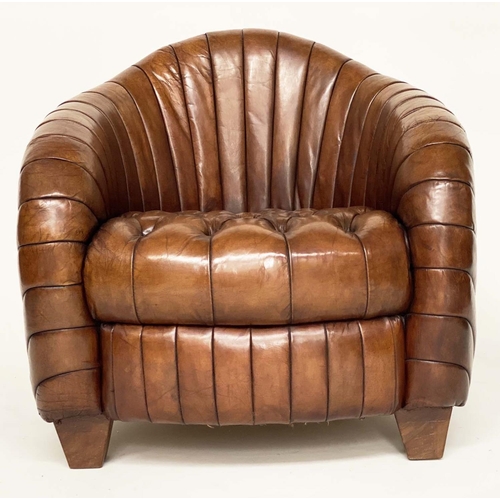 203 - ARMCHAIRS, a pair, Art Deco style with arched ribbed backs and button, quilted seat, 80cm W. (2)