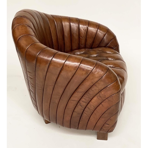 203 - ARMCHAIRS, a pair, Art Deco style with arched ribbed backs and button, quilted seat, 80cm W. (2)