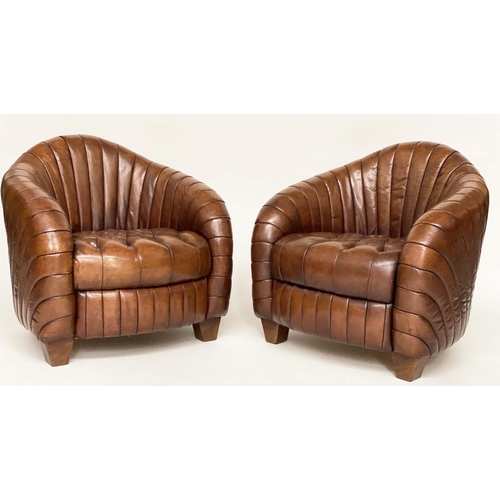 203 - ARMCHAIRS, a pair, Art Deco style with arched ribbed backs and button, quilted seat, 80cm W. (2)